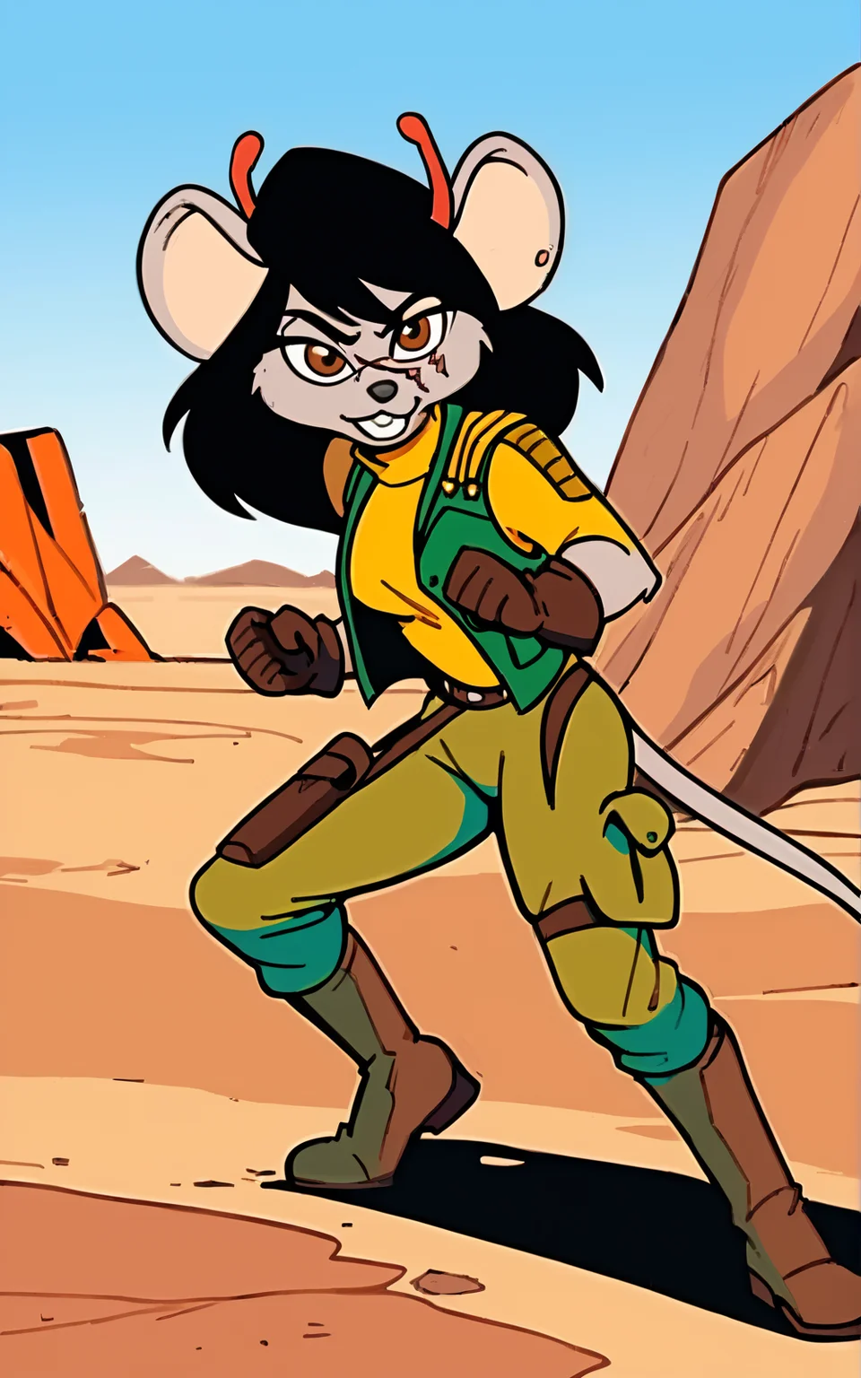 score_9, score_8_up, score_7_up,((best quality)), absurdres, ((full body)), <lora:BolivanteStyle:0.8>,<lora:CBMMPXL:0.8>, military, uniform, military uniform, green vest, vest, turtleneck, yellow shirt, green pants, pants, brown boots, boots, scar on face, grey skin, antennae, red antennae, mouse ears,solo,furry female,black hair,slim,breast, brown eyes ,gloves,tail, action pose, desert, rocks,blue sky