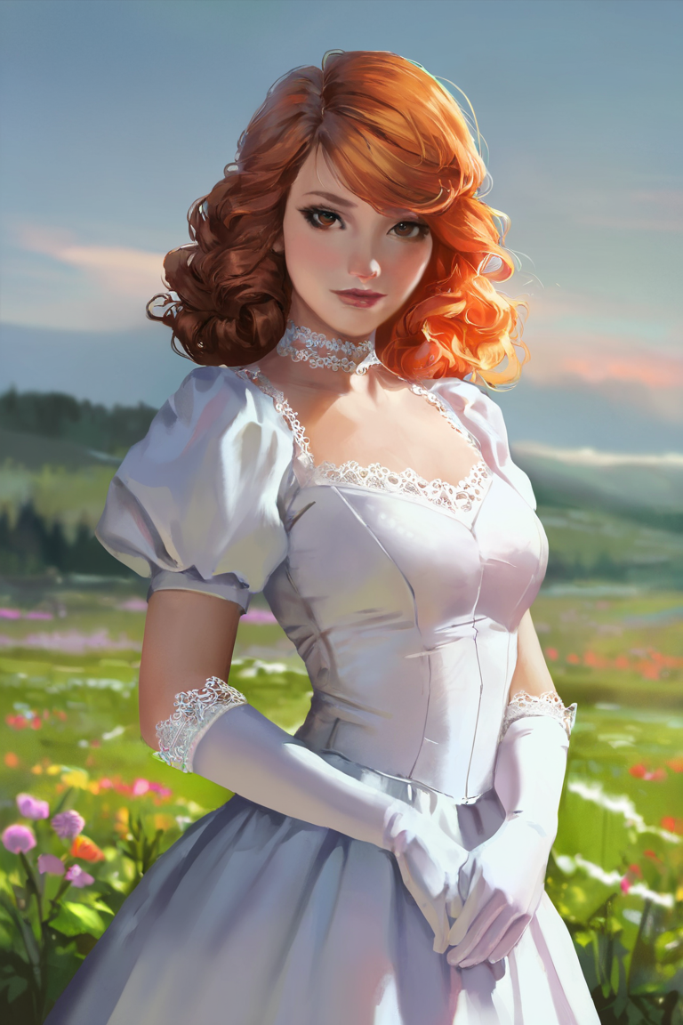 masterpiece, best quality, highres, newest, concept art, realistic, 1girl, solo, medium hair, curly hair, wavy hair, orange hair, swept bangs, brown eyes, lips, lipstick, looking at viewer, medium breasts, choker, medium dress, white dress, lace trim, puffy sleeves, puffy short sleeves, short sleeves, gloves, elbow gloves, white gloves, hand up, cowboy shot, closed mouth, standing, outdoors, field, flower, grass, plant, sky <lora:Concept Art Ultimatum [LoRA] - NoobAI-XL EPS 1.0:1>