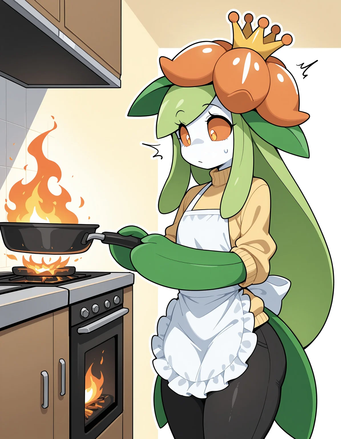 masterpiece, best quality, amazing quality, very detailed, newest, no humans, WnLlgnt, white skin, colored sclera, leaf arms, orange flower, orange eyes, pokemon \(creature\), 1boy, solo, male, male only, anthro, femboy, girly, plant girl, kitchen, sweatdrop, cooking, (oven on fire, flames), apron, cooking mittens, yellow sweater, black pants, crown, closed arms, stressed out, surprised, constricted pupils, <lora:e1d95fb1-2374-4fef-a9fa-bfb60ce90f11:0.8>
