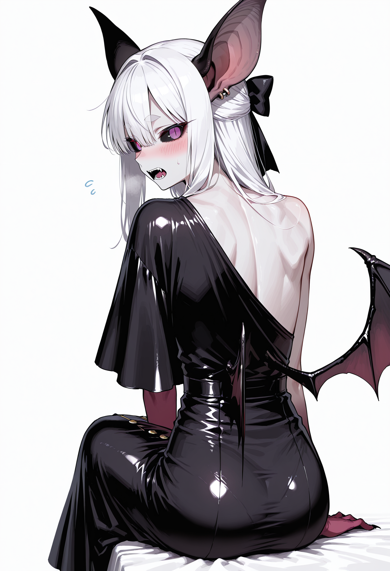 male focus, solo,
1femboy, small eyes, black sclera, purple eyes, without pupils, color skin, grey skin, bat ears, bat wings, claws, fangs, long hair, white hair, skinny, 
blush,  looking back, from behind, sitting, white background, hair bow, bow, crossdressing, looking at viewer, 
<lora:oneshouldersatindressIL:1>, oneshouldersatindress, satin dress, long dress, one shoulder dress, 
masterpiece,best quality,amazing quality,   <lora:gogalkingIL-style:0.8>