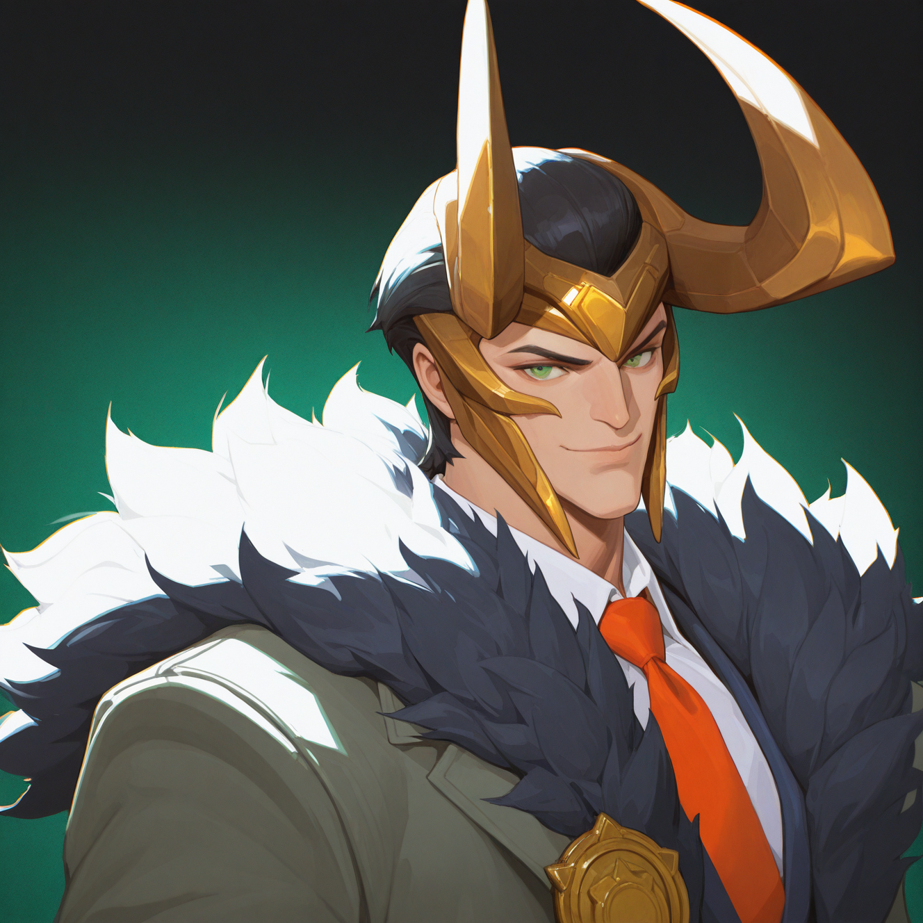 <lora:LOKI:1>loki, solo, looking at viewer, smile, short hair, simple background, shirt, black hair, 1boy, closed mouth, green eyes, jacket, white shirt, upper body, male focus, horns, necktie, collared shirt, artist name, fur trim, formal, helmet, suit, black background, portrait, crown, red necktie, green background, fake horns, badge, orange necktie, horned headwear, feather trim, horned helmet, green jacket, grey jacket, dynamic perspective, detailed background, character close to camera, motion blur, film grain, abstract, natural lighting, fantasy, cinematic, dynamic view, tilted angle, very awa, masterpiece, best quality, absurdres, newest, perfect quality, detailed background, intricate details,  (artist:fl \(l-fl\):0.7), (artist:tooboshoo:0.7), (artist:dizdoodz:0.8)