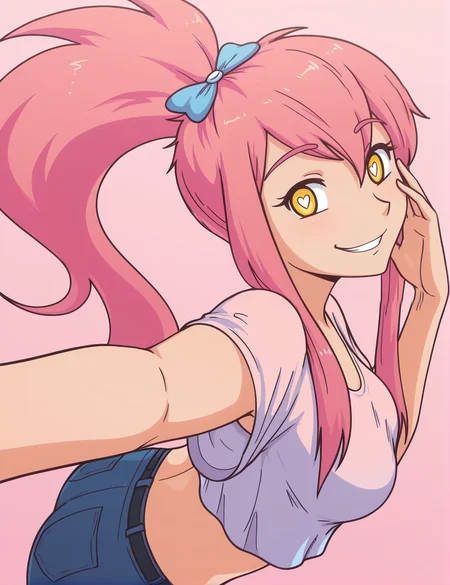 2d, official artstyle, masterpiece, detailed, best quality, BREAK, 1girl, solo, sunnyofspades, pink hair, ponytail, hair bow, yellow eyes, ((heart-shaped pupils)), crop top, midriff, jeans, breasts, smile, sexy pose, dynamic angle, dynamic shot, ((looking at viewer)), pink background, gradient background, close-up, standing, waist, head tilt, hand on face, from side, from above, selfie, <lora:sunnyofspades-000008:0.9>