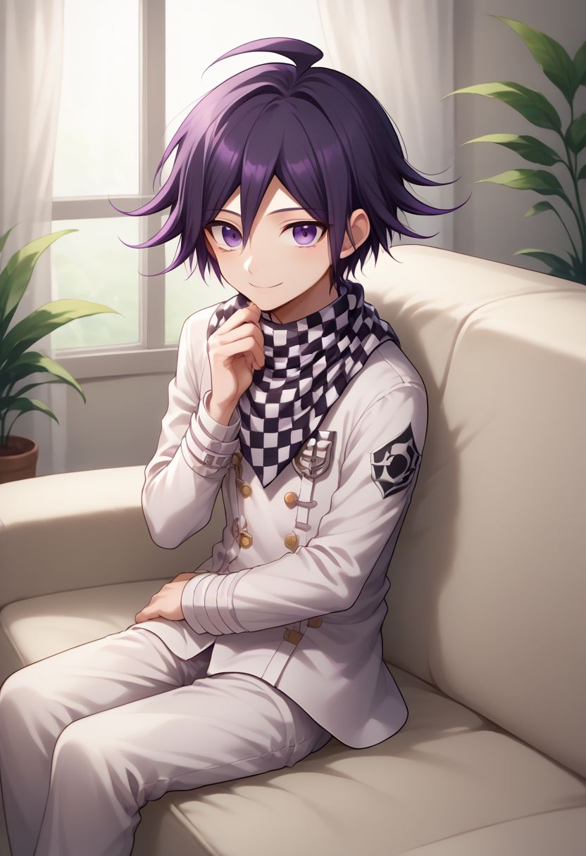 score_9, score_8_up, source_anime, highly detailed, 1boy, solo, skinny, cute, short,
kokichi, male focus, 1boy, solo, checkered clothes, checkered scarf, scarf, purple eyes, bangs, straitjacket, purple hair, 
indoor, sofa, sit, smile,