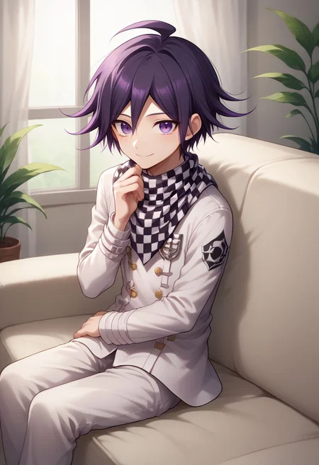 score_9, score_8_up, source_anime, highly detailed, 1boy, solo, skinny, cute, short,
kokichi, male focus, 1boy, solo, checkered clothes, checkered scarf, scarf, purple eyes, bangs, straitjacket, purple hair,
indoor, sofa, sit, smile,