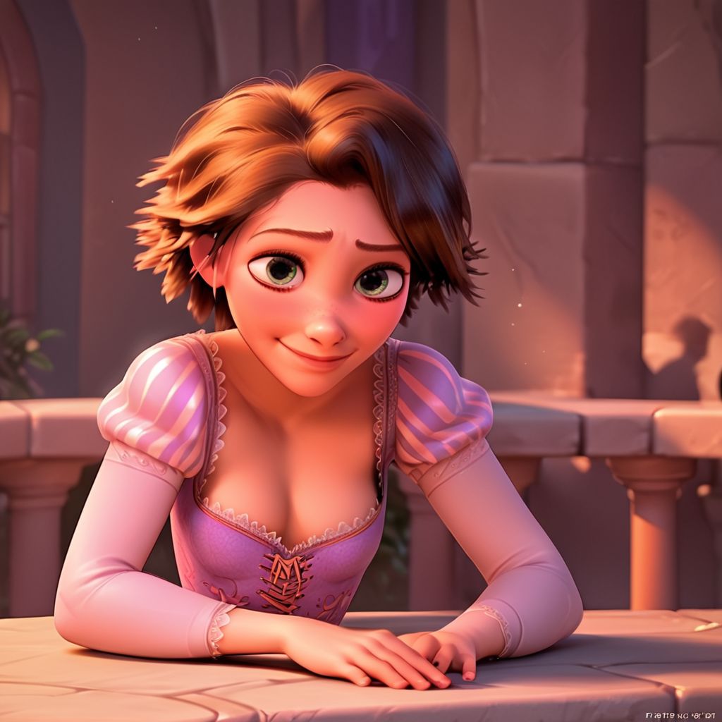 score_9, score_8_up, score_7_up, score_6_up, score_5_up, score_4_up, rating_questionable, 1girl, Rapunzel, leaning over a counter, in a castle, short hair, seductive smile, small breasts, cleavage