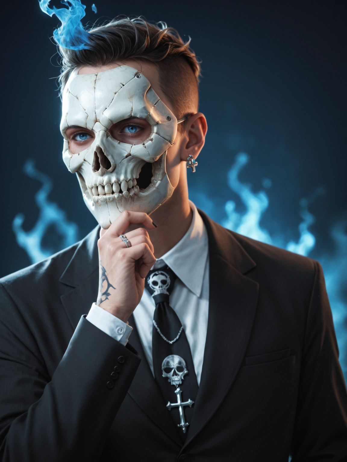 Hyperrealistic art (score_9, score_8_up), score_7_up, 1boy, Highly detailed RAW color Photo, shirt, long sleeves, jewelry, jacket, upper body, earrings, necktie, collared shirt, hand up, necklace, black jacket, gradient, black nail polish, gradient background, tattoo, glowing, formal, ring, suit, cross, mask, skull mask, spikes, black suit, metallic texture, blue theme, blue fire, multiple rings, hand tattoo, simple background, dark blue background, blue theme, gorgeous details, depth perception, backlighting, photorealistic, breathtaking scenery, perfectly rendered reflections, detailed clothing,
dark lighting, dof, depth of field, realistic, dark background, CINE, blue embers, low-key,
<lora:unholy-000009:0.8> <lora:CINE-000008:0.4>
<lora:sinfully_stylish_SDKL:0.5> <lora:xl_more_art-full_v1:0.4> <lora:zavy-cntrst-sdxl:0.7> <lora:Gas_mask-000009:0.4><lora:hand 4:0.5> . Extremely high-resolution details, photographic, realism pushed to extreme, fine texture, incredibly lifelike