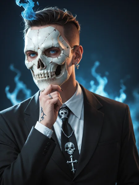Hyperrealistic art (score_9, score_8_up), score_7_up, 1boy, Highly detailed RAW color Photo, shirt, long sleeves, jewelry, jacket, upper body, earrings, necktie, collared shirt, hand up, necklace, black jacket, gradient, black nail polish, gradient background, tattoo, glowing, formal, ring, suit, cross, mask, skull mask, spikes, black suit, metallic texture, blue theme, blue fire, multiple rings, hand tattoo, simple background, dark blue background, blue theme, gorgeous details, depth perception, backlighting, photorealistic, breathtaking scenery, perfectly rendered reflections, detailed clothing,
dark lighting, dof, depth of field, realistic, dark background, CINE, blue embers, low-key,
<lora:unholy-000009:0.8> <lora:CINE-000008:0.4>
<lora:sinfully_stylish_SDKL:0.5> <lora:xl_more_art-full_v1:0.4> <lora:zavy-cntrst-sdxl:0.7> <lora:Gas_mask-000009:0.4><lora:hand 4:0.5> . Extremely high-resolution details, photographic, realism pushed to extreme, fine texture, incredibly lifelike