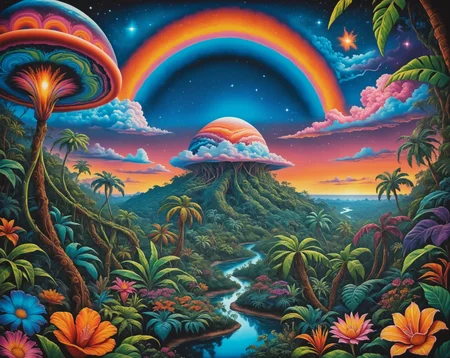 <lora:psychedelic.landscape.PDXL_epoch_8:1>psychedelic landscape, outdoors, colorful sky, night, dark sky, cosmic, planet, stars, cloudy sky, flowers, mountain, jungle, trees, vines, river