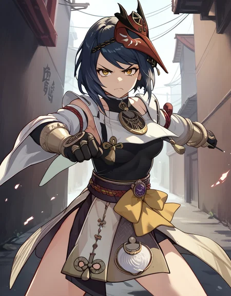 score_9, score_8_up, score_7_up, source_anime
<lora:kujou-sara-genshin-ponyxl-000025:1> ku70u5a4a, japanese clothes, mask on head, detached sleeves, elbow gloves, vambraces,
1girl, solo, alley, fighting stance, angry