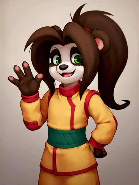 score_7, score_7_up, score_9, score_ 9_up, BREAK, <lora:Li_Li_Stormstoutfinal:0.8> li li stormsout, solo, panda girl, pandaren, green eyes, portrait, smile, frontal view, waving hand,