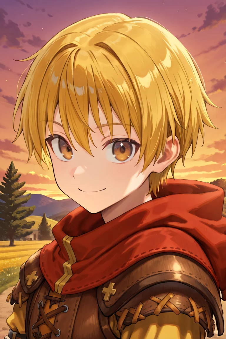 <lora:Canaan:0.9> , CaDef, solo, 1boy, brown eyes, short hair, blonde hair, red hood, hood down, shoulder pads, elbow pads, armor, brown armor, cross-laced clothes, yellow sleeves, looking at viewer, smile, exterior, evening, ((close-up, face)), portrait, solo, masterpiece, very aesthetic, absurdres, best quality, amazing quality, high resolution, detailed background, <lora:illustrious_quality_modifiers_masterpieces_v1:0.8> , <lora:ChamIllustriousBackgroundEnhancer:0.5>
