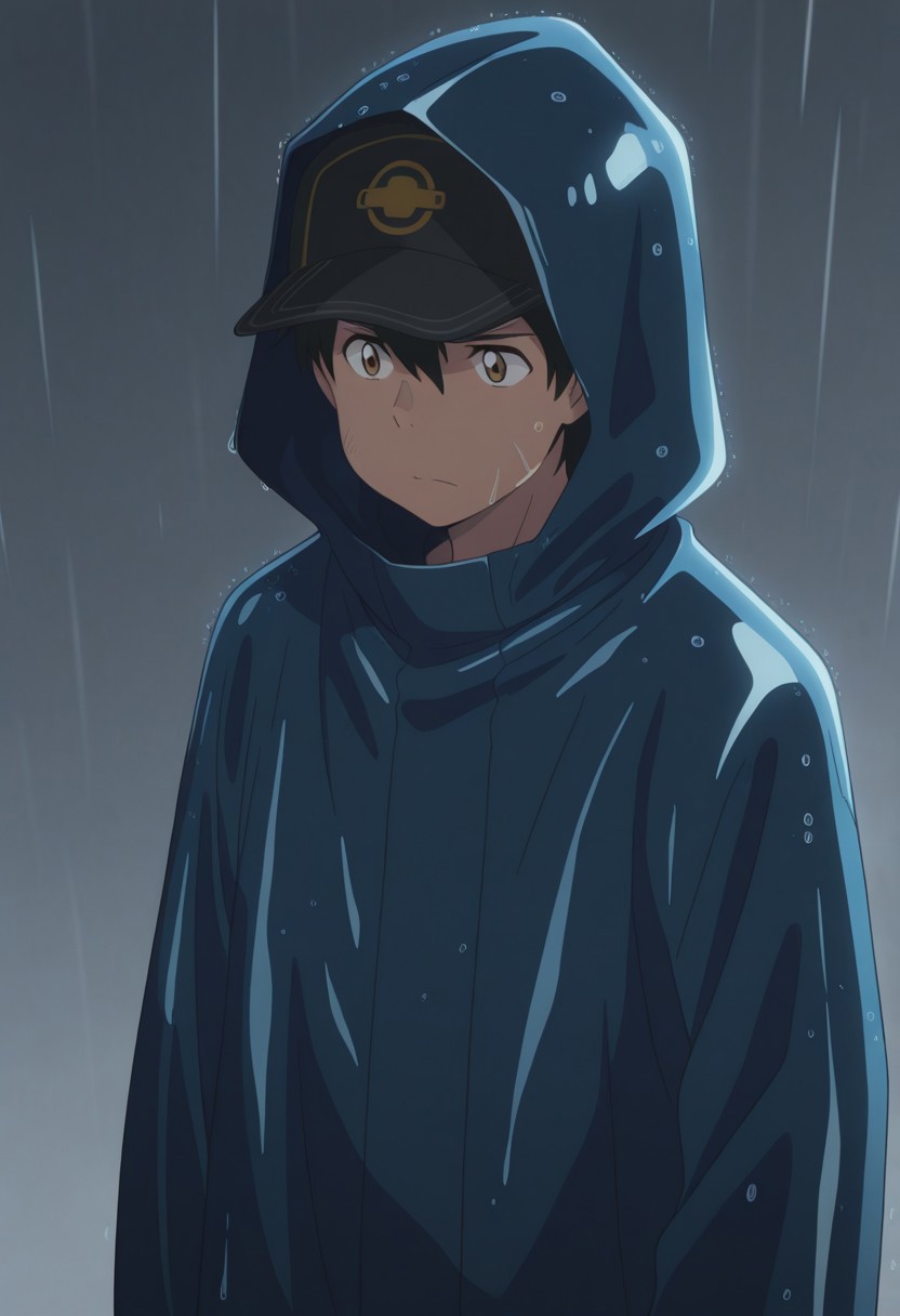 masterpiece,best quality,amazing quality, source_anime,
HodakaMorishima, 1boy, male focus, solo, brown eyes, black hair, hair between eyes, hat, baseball cap, blue raincoat, hood up, rain,