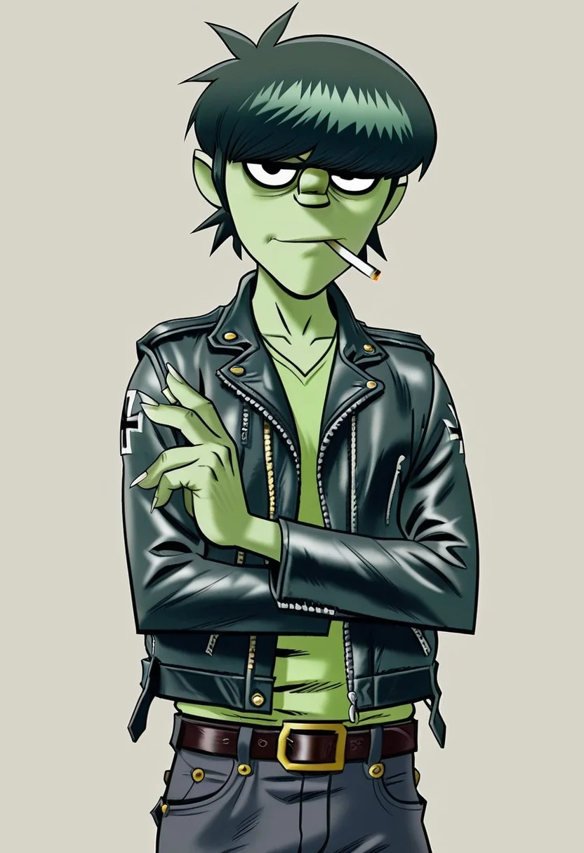 source_cartoon, hd, core_9, score_8_up, score_7_up, score_6_up, score_5_up, score_4_up, detailed background, looks at the viewer, 1boy, Murdoc Niccals, solo, male, black jumper, skinny, long fingernails, George Harrison hairstyle, hooked nose, black jeans, skinny build, green polo, black leather jacket, cross tattoo on right shoulder, cigarette