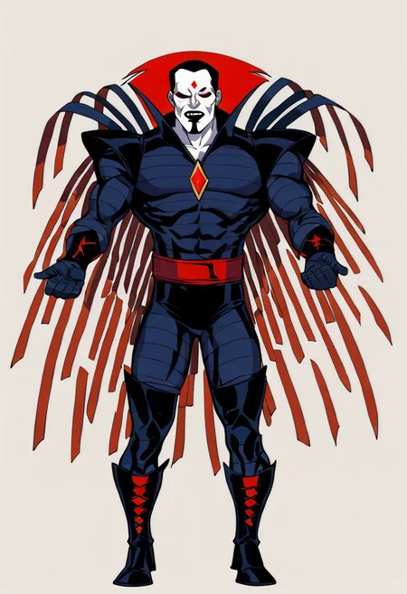 score_9, score_8_up, score_7_up, score_6_up, Style anime, 1boy, male focus, Mr. Sinister, white skin, red eyes, teeth, armor appears to be made of layers of dark blue metal wrappings, classic purple boots that cover his entire legs up to his thighs. Around his waist is a thick blood red belt, On his forehead he wears a blood red quadratic gem and this same shape and color can be found on his chest armor, muscle, perfect face, solo, pefect hands , ((Full body)),destroyed city, ((standing pose))