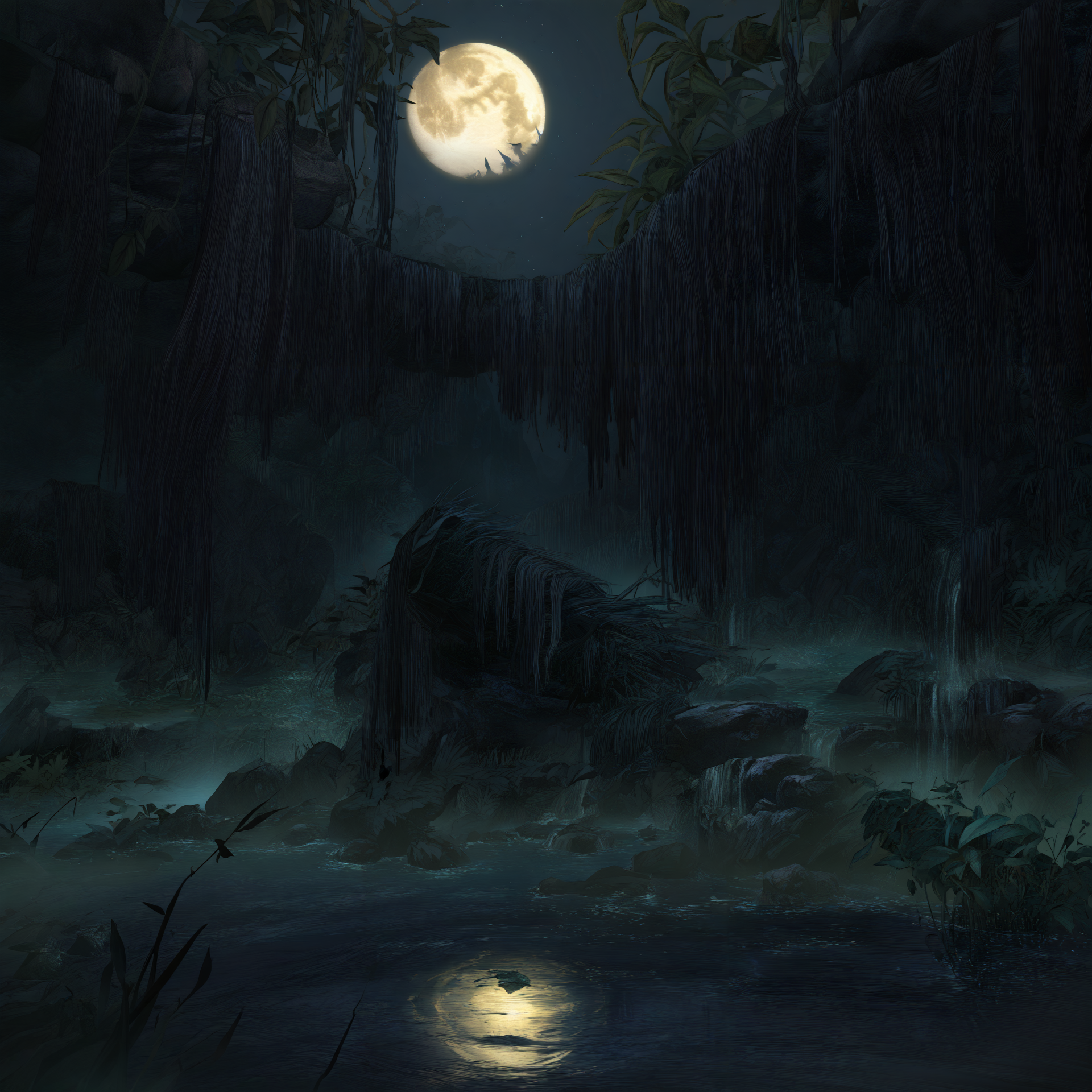 <lora:Bloodborne_style:1> masterpiece, best quality, outdoors, night, dark, dark theme, no humans, bloodstyleborne, bloodborne, scenery, jungle, leaf, nature, plant, reflection, rock, sky, water, wasteland, waterfall, star \(sky\), starry sky, yellow moon