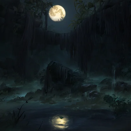 <lora:Bloodborne_style:1> masterpiece, best quality, outdoors, night, dark, dark theme, no humans, bloodstyleborne, bloodborne, scenery, jungle, leaf, nature, plant, reflection, rock, sky, water, wasteland, waterfall, star \(sky\), starry sky, yellow moon