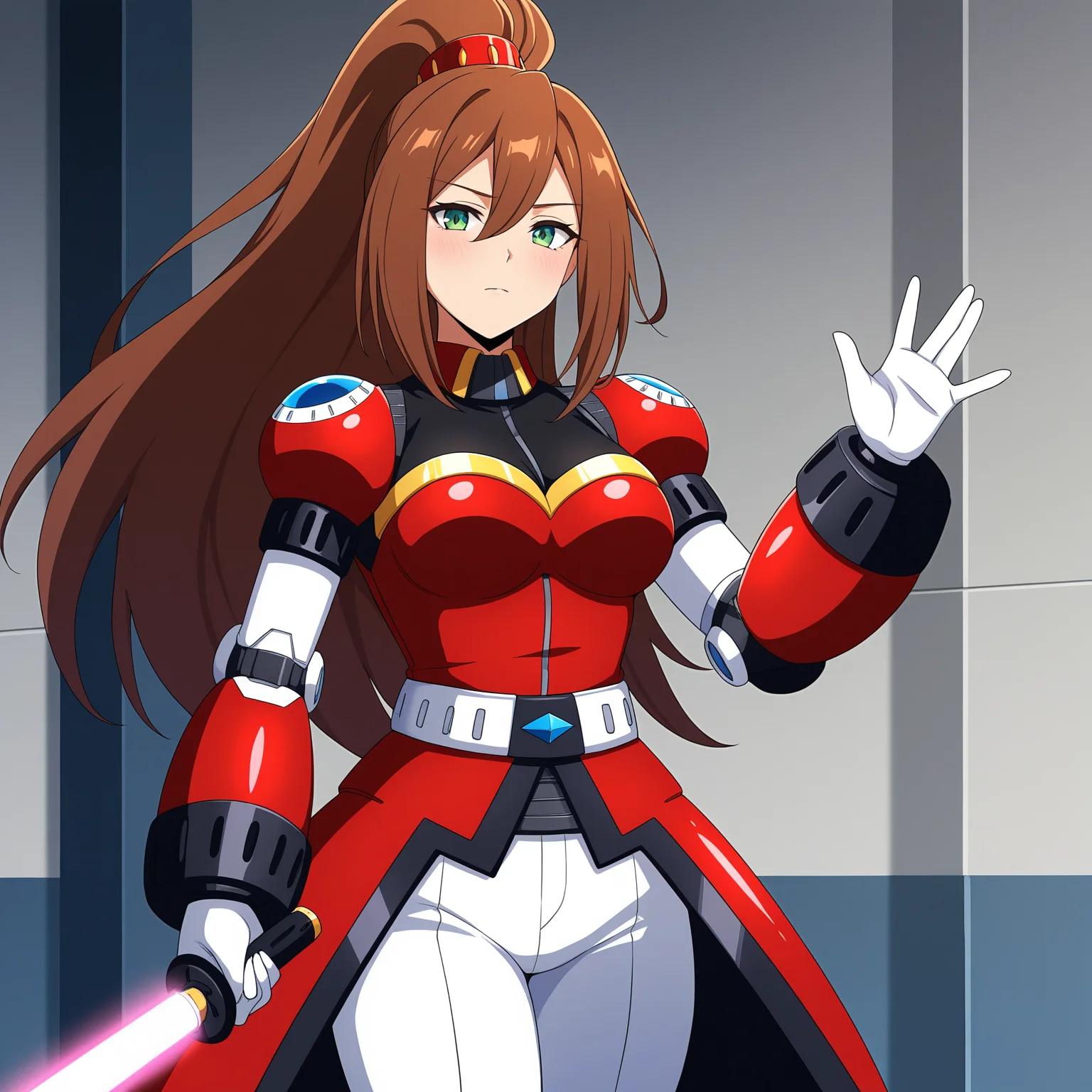 masterpiece, best quality, amazing quality, anime screencap, 1girl, solo, standing, cowboy shot, looking at viewer, <lora:IrisAnotherMMXD:0.9>, IrisAnotherMMXD, brown hair, ponytail, high ponytail, wide ponytail, hair ornament, green eyes, red armor, mecha musume, armor, white pants, pauldrons, gauntlets, white gloves, leg armor, holding sword, energy sword