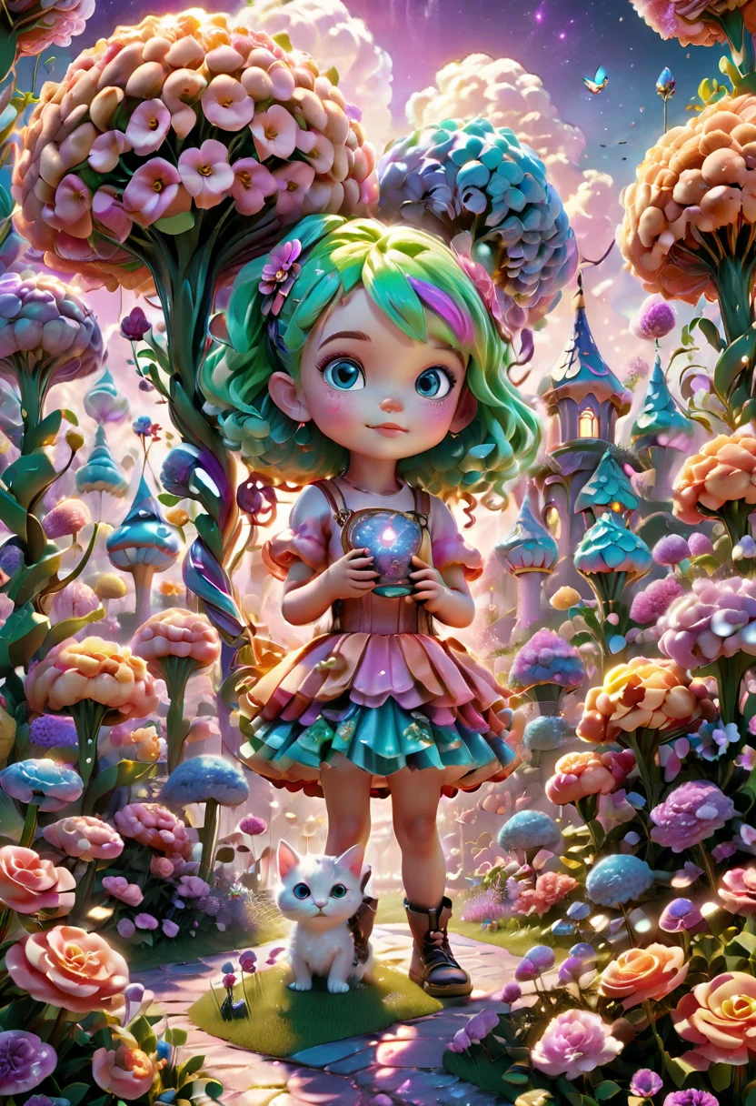 captivating child holding a kitten, vibrant neon hair, enchanting and mysterious, drawing the viewer in, 3d style, fantasy flower garden background, 4K, intricate, soft shadows, soft highlights, stunning masterpiece, award-winning, professional, highly detailed <lora:Candy_land_2:0.8> <lora:xl_more_art-full_v1:0.5>