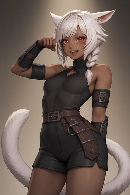 score_9, score_8_up, score_7_up, best quality, masterpiece, 4k, very aesthetic, source_anime, 1girl, long white hair, side braid, cat ears, miqo'te, final fantasy xiv, red eyes, black leather tunic, brown leather shorts, slit pupils, bracers, looking at viewer, happy, fang, white tail, dark skin, ebony skin, <lora:Ebony_Pony_XL:.8> aiebonyskin, black skin, colored skin, skinny, arms behind back, , cute pose, <lora:Calmlike_V3:.8> calmfd,