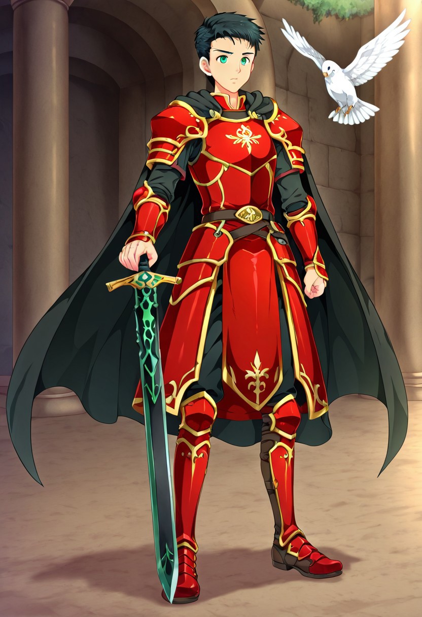 yuto_umemura, black hair, short hair, mint green eyes, he is dressed in a suit of dark iron platemail. Break. he is holding up a black coloured sword. Properly holding the sword by the hilt, his armour bears a crest of a yellow dove. fantasy armour. stylized silver dove emblems and symbols on armour and sheild. Break. epic background is a a beautiful palace. a strong wind is blowing his cape, red armour