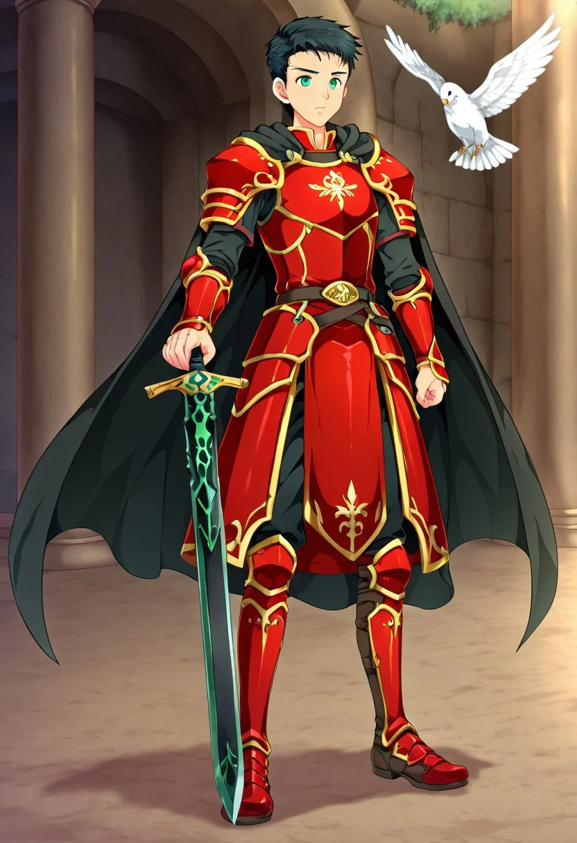 yuto_umemura, black hair, short hair, mint green eyes, he is dressed in a suit of dark iron platemail. Break. he is holding up a black coloured sword. Properly holding the sword by the hilt, his armour bears a crest of a yellow dove. fantasy armour. stylized silver dove emblems and symbols on armour and sheild. Break. epic background is a a beautiful palace. a strong wind is blowing his cape, red armour