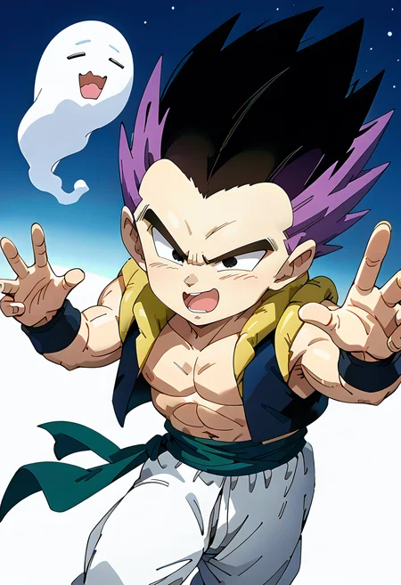 (score_9:0.9),score_8_up,score_7_up,rating_safe,unaestheticXL_3x3,anime style,(zPDXL), <lora:checkpoint-e62_s930:1>, 1boy, gotenks, multicolored hair, black hair, purple hair, black eyes, male focus, muscle body, muscular male, muscular, v-shaped eyebrows, v-shaped eyes, spiked hair, no bangs, cropped vest, open vest, metamoran vest, midriff, black bracer, green sash, white pants, baggy pants, upper body, leaning forward, smile, open mouth, hands down, outstretched arms, clenched hands,lookin away, fighting stance, white floor, starry sky, dutch angle, <lora:sdxlpony_ghost blowing:1>, ghost_blowing,