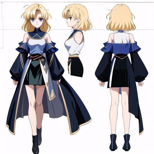 anime, blonde, very messy hair girl, gothic style, no sleeve yellow shirt, black skirt, shoulder, witch, serious face, medieval fantasy, medieval castle, wizard uniform, 1980s (style), retro artstyle, model sheet, simples bsckground, chara-sheet