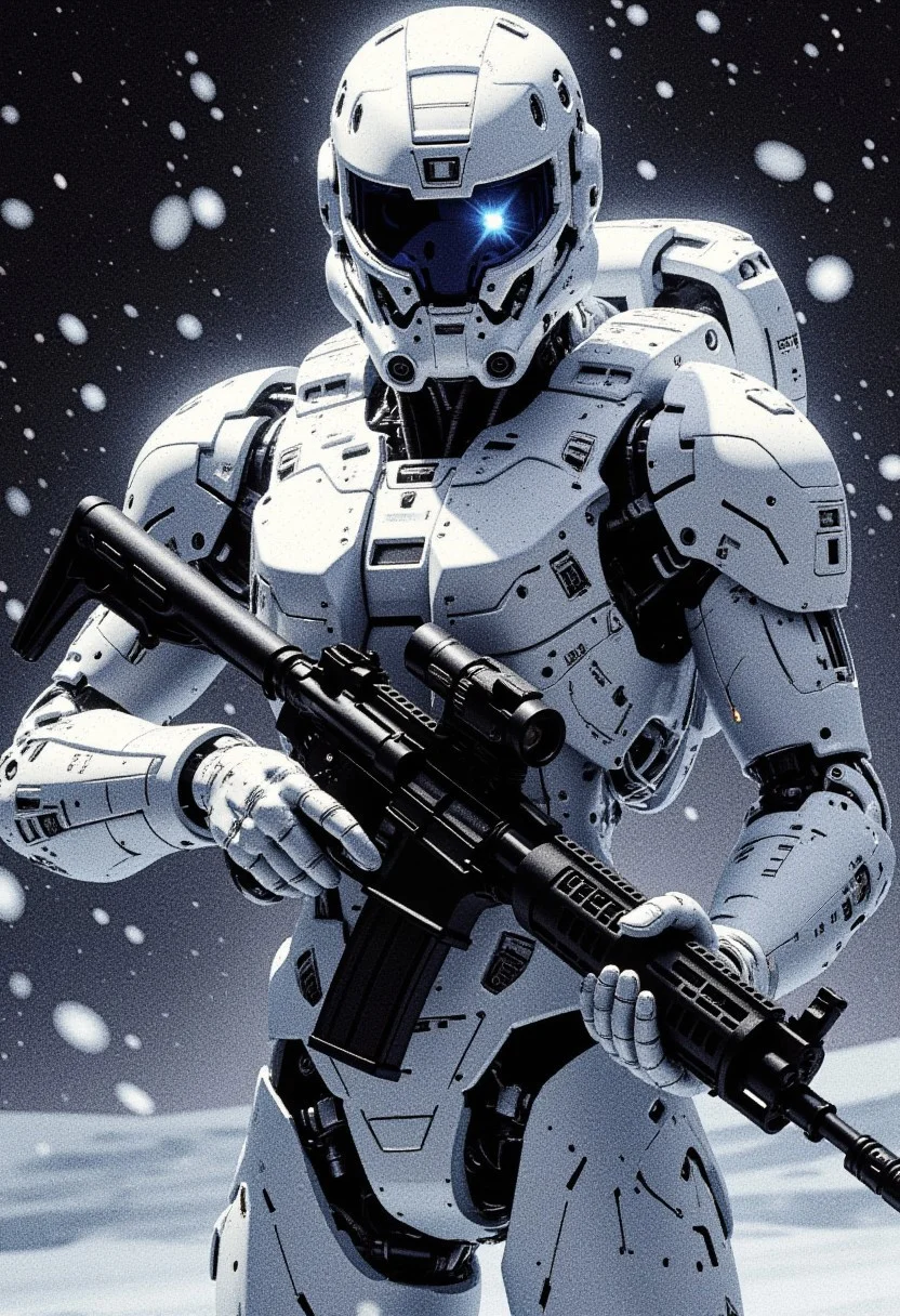 silhouette art, chiascuro, a_skynet_cyberdyne_systems_craft, the image is featuring a female space marine in white and grey camouflage armour, helmet with a clear visor reflecting light, hyperdetailed helmet, holding an assault rifle, abstract background suggesting a blizzard, falling snow, in a dark night