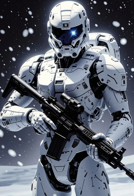 silhouette art, chiascuro, a_skynet_cyberdyne_systems_craft, the image is featuring a female space marine in white and grey camouflage armour, helmet with a clear visor reflecting light, hyperdetailed helmet, holding an assault rifle, abstract background suggesting a blizzard, falling snow, in a dark night