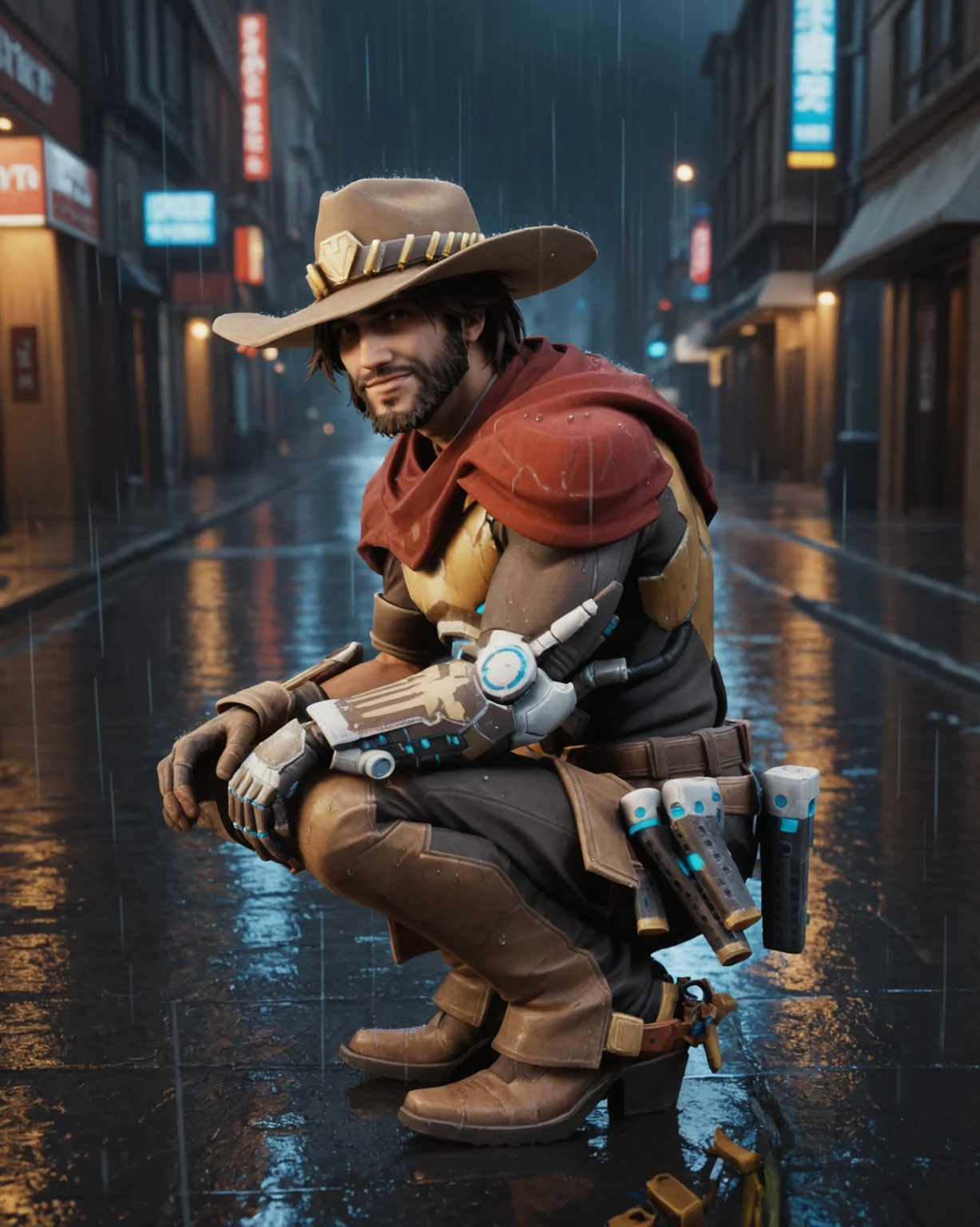 score_9, score_8_up, score_7_up, rating_questionable, intricately detailed, high resolution,
rain, wet street, wet, science fiction city, futuristic buildings, high rises, on a road, at night, darkness, rainfall, dark theme, depth of field, detailed background
,
<lora:Cassidy_McCree_Fortnite:0.8>, 1boy(c_mccree, mcc_hat, slight smile,
full body, squatting, looking at viewer, solo),
side view,
<lora:ral-chrosc-clr:0.5>, ral-chrosc-clr,
<lora:Expressive_H:0.5>
<lora:xl_more_art-full_v1:0.3>,
<lora:add-detail-xl:0.3>