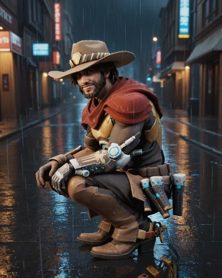 score_9, score_8_up, score_7_up, rating_questionable, intricately detailed, high resolution,
rain, wet street, wet, science fiction city, futuristic buildings, high rises, on a road, at night, darkness, rainfall, dark theme, depth of field, detailed background
,
<lora:Cassidy_McCree_Fortnite:0.8>, 1boy(c_mccree, mcc_hat, slight smile,
full body, squatting, looking at viewer, solo),
side view,
<lora:ral-chrosc-clr:0.5>, ral-chrosc-clr,
<lora:Expressive_H:0.5>
<lora:xl_more_art-full_v1:0.3>,
<lora:add-detail-xl:0.3>
