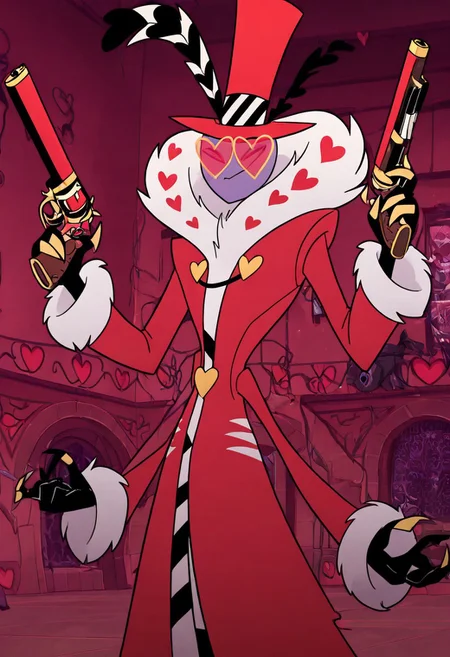 masterpiece, best quality, newest, absurdres, highres, HHStyle, 1boy, HHVal-V1.0, colored skin, Purple skin, Purple colored skin, demon boy, sharp fingerneils, HHVal-V1.0-base outfit, red coat, long coat, hat, red hat, glasses, heart shped glasses, fur-trimmed coat, fur-trimmed sleeves, fur collar, fur trim, top hat, gun, weapon, holding gun, holding weapon,
