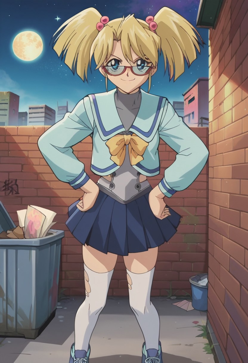 uncensored, score_9__up, score_9, score_8_up, score_8, score_7_up, score_7, score_6_up, score_6, score_5_up, source_anime, anime screencap, anime coloring, highres
upper body, close-up, face focus, looking at viewer standing, smirk, naughty face, mean look, hands on hips
dark alley, garbage, paper, trash cans, graffiti, torn posters, detailed background, night sky, stars, black sky, moon, moonlight, moon's ray, dim lights, cityscape
YGORebecHawki, 1girl, Blonde Hair, freckles, blue eyes, RH3, twintails, hair bobbles, glasses, semi-rimless eyewear, red-framed eyewear, sailor collar, serafuku, long sleeves, bow, grey shirt, zettai ryouiki, blue skirt, pleated skirt, white thighhighs, blue footwear, shoes