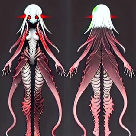 horror, blood, alien female, body horror, body modification , tentacles hair monster, monster girl,horror \(alien\), extra eyes, glowing,darkness, small boobs, thighs, red eyes, bigbadejo alien_monster, simple background, chara-sheet, model sheet