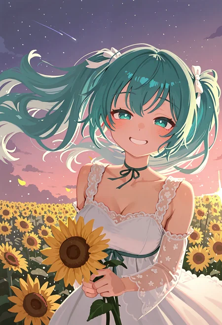 score_9,score 8 up , 1gir , solo , hatsune miku , blue hair , green hair , colored inner hair , aqua eyes , white pupils , eyelashes , smile , grin , look up , looking at viewer , upper body , blush , cool , cute , from above , detached sleeves , floral print sleeves , white dress , jewelry , necklace , print dress , ribbon , sleeves , ribbon choker , Break dutch angle , floating hair , warm sunlight , relaxed atmosphere , light particles , intimate moment , tender interaction , carefree atmosphere , natural expressions , light particles , light rays , sparkle , medium breasts , flowing hair , wind-blown hair, hair strands , upper body , shy affection , emotional atmosphere , wind-blown romance , ;) , shooting star , holding flower, sunflower , flower field , warm atmosphere , too many flowers , outdoors , petals , familiar , sparkle , diffraction spikes, cumulonimbus cloud, vanishing point , perspective , backlighting , blue background , pink background , violet background , gradient sky , cloud , scenery , gradient background , sunset , masterpiece, best quality, amazing quality, very awa, absurdres,anatomically correct, HDR , 8K , superabsurd res, high resolution, ultra-detailed , absurdres, newest , detailed background , detailed clothing, detailed hair, detailed shading , dramatic lighting , uncensor , (nozora_yuzu:0.8),(wass_nonnam:0.6),(krekkov:0.8), <lora:spo_sdxl_10ep_4k-data_lora_webui:1.0> <lora:NOOB_vp1_detailer_by_volnovik_v1:1.0> <lora:illustrious_flat_color_v2:0.90> <lora:g00se_v2_ill:0.70> <lora:IllusN3g:1.0> <lora:IllusP0s:1.0>