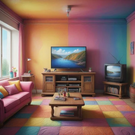 cr4y0n, television set, living room, colorful room <lora:Colorful_Crayons:1>