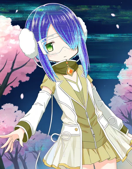 masterpiece, best quality, newest, absurdres, highres, safe, 1girl, miyabi shigure, magia record: mahou shoujo madoka magica gaiden, glitch hair, glitch, goggles, earmuffs, solo, outdoors, cherry blossoms, night, dutch angle, <lora:miyabi_shigure_noobaiXLNAIXL_vPred10Version:0.7>