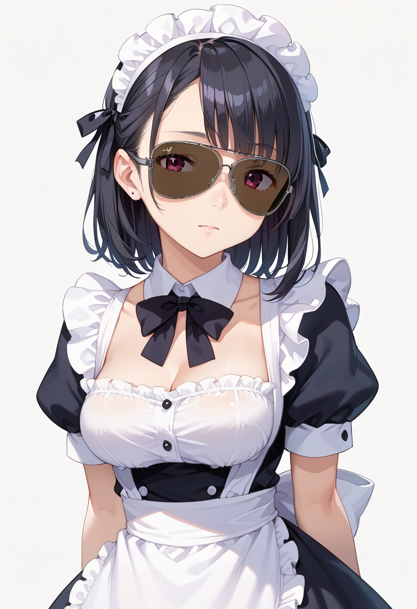 score_9, score_8_up, score_7_up, rating_safe, masterpiece, best quality, absurdres, unity 8k wallpaper, official art, official style, source_anime, uncensored, game cg, megami magazine,
1girl, solo, black hair, medium hair, upper body, maid, maid headdress, black dress, maid apron,
sg-AVIATOR, sunglasses, dark-tinted eyewear, covered eyes, white background, simple background, grey-framed eyewear
 <lora:glasses_aviator_PONY_V2:1>