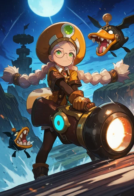 masterpiece, best quality, cinematic lighting, AcadDN01, 1girl, face, holding cannon, Mecha Duck, orange hat, white twin braids, opcgstyle, art, official art, concept art, dynamic angle <lora:academic_dragonnest:1> <lora:One piece card game artstyle [IL]:1>