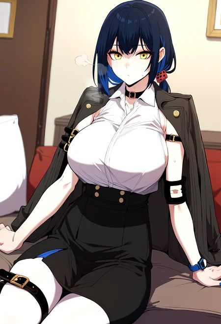 score_9, score_8_up, score_7_up, score_6_up, source_anime, rating_explicit, <lora:neg4all_bdsqlsz_V3.5:2.0>1girl, (solo:1.1), huge breasts, <lora:Bang Yerimponyxl:1>blue hair, black hair, yellow eyes, multicolored hair, short hair, blue nails, low ponytail, red dice hair ornament, jacket on shoulders, black jacket, black choker, collar, white shirt, sleeveless shirt, collared shirt, wristwatch, belt, elbow pads, high-waist skirt, black skirt, white pantyhose, thigh strap, expressionless, Narrow shoulders, heavy breathing, steaming body, living room, indoors, looking at viewer