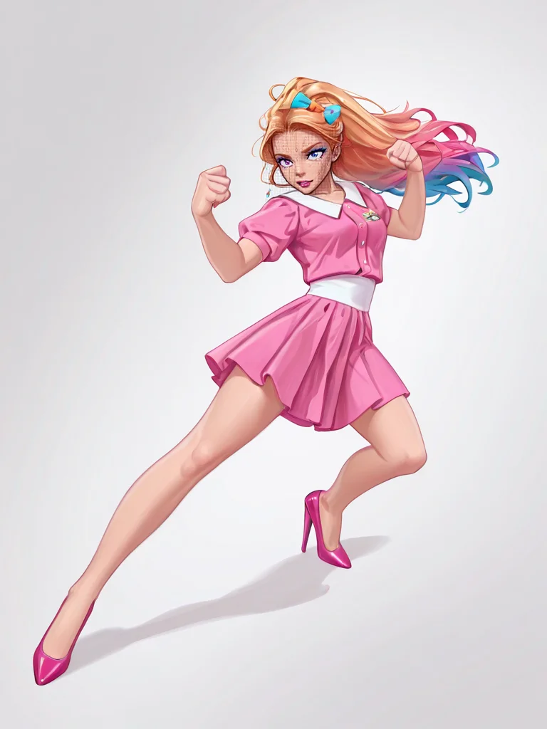 fighting game style <lora:Rino99Quiron_Style_ilus:1> , Rino99Quiron, 1girl, (barbie doll:1.2), (model with long legs:1.3), (slim figure, slender figure, slim waist), (vibrant, colorful makeup), (elegant hairstyling, beautiful long hair), (fashionable outfit), (posed confidently, striking pose), (detailed features, high detail), (realistic proportions), (sharp focus, clear image), (high-quality photography), (perfect lighting, ideal lighting), (vivid colors, vibrant colors), (eye-catching, attention-grabbing),, A very humid place full of puddles and leaks, from above, , dynamic pose, ,
. dynamic, vibrant, action-packed, detailed character design, reminiscent of fighting video games