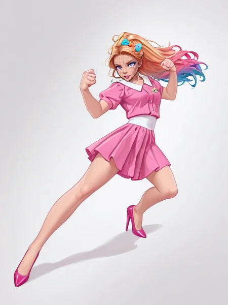 fighting game style <lora:Rino99Quiron_Style_ilus:1> , Rino99Quiron, 1girl, (barbie doll:1.2), (model with long legs:1.3), (slim figure, slender figure, slim waist), (vibrant, colorful makeup), (elegant hairstyling, beautiful long hair), (fashionable outfit), (posed confidently, striking pose), (detailed features, high detail), (realistic proportions), (sharp focus, clear image), (high-quality photography), (perfect lighting, ideal lighting), (vivid colors, vibrant colors), (eye-catching, attention-grabbing),, A very humid place full of puddles and leaks, from above, , dynamic pose, ,
. dynamic, vibrant, action-packed, detailed character design, reminiscent of fighting video games