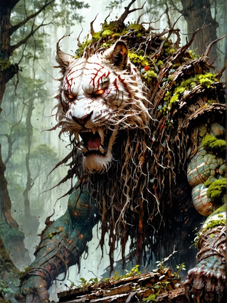 A terrifying hybrid creature born from the fusion of two land animals, White tiger and a rhino. The creature exudes power and fear, combining the most menacing traits of both animals. Its body is a monstrous blend of textures--thick fur, rugged skin, or scaled patterns--seamlessly fused together. Imagine sharp claws, elongated limbs, glowing predatory eyes, and a massive jaw filled with jagged teeth, creating a beast that looks built for dominance on land. Its posture is aggressive and primal, standing amidst a dark and misty forest clearing, with shadows and faint moonlight adding to its menacing aura. Hyper-detailed and realistic, highlighting every scar, muscle, and terrifying feature to create a creature that inspires awe and dread <lora:Fant5yP0ny:1.0>