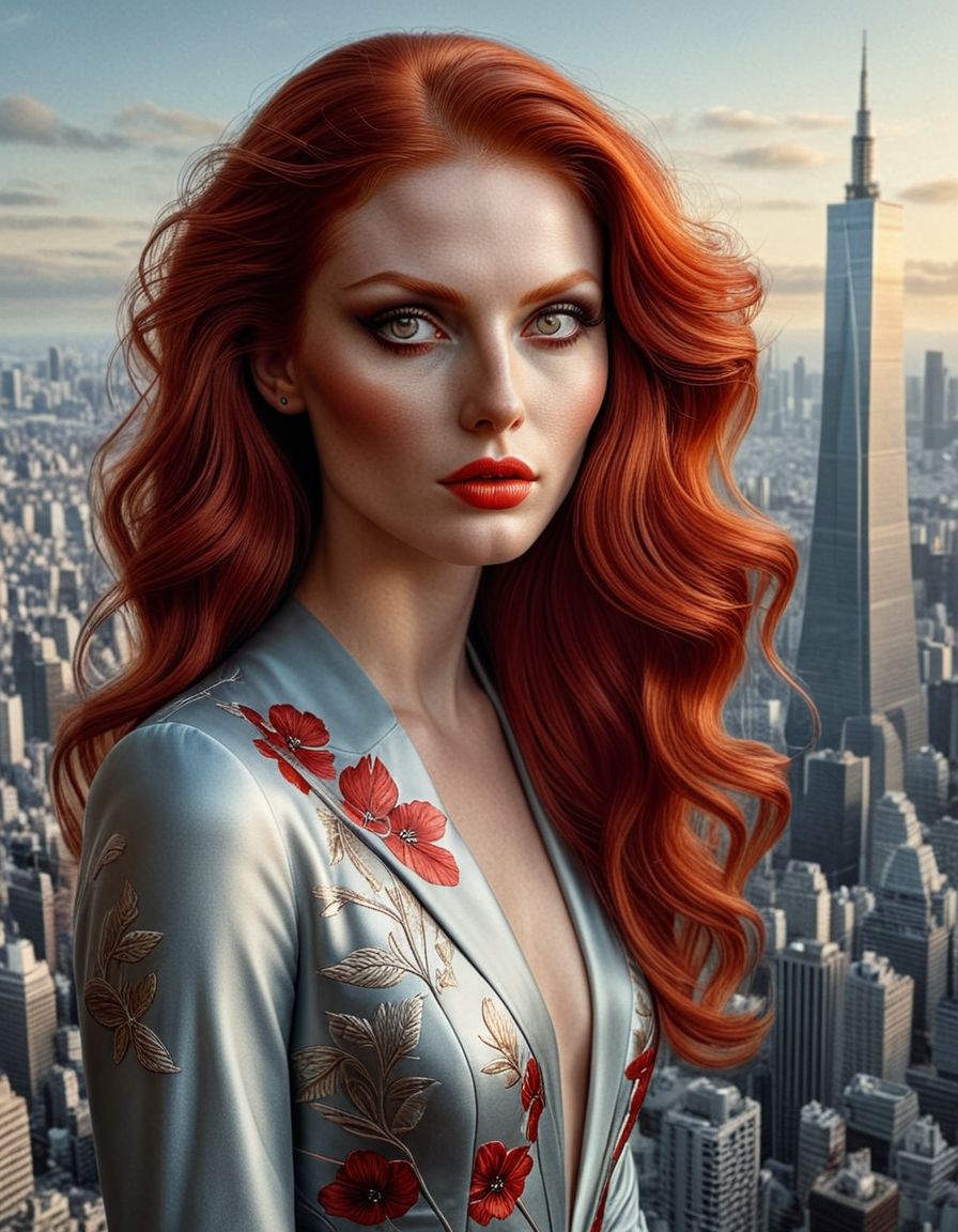 surrealist art hyperrealistic art concept art **Realistic human depiction a sexy woman in her late 20s. She has long, flowing red hair that partially covers one eye and striking red eyes. Her expression is calm and confident. Luxurious fashion. Her hair is glossy and slightly windswept. The overall vibe should be elegant, composed, and slightly aristocratic, reflecting her leadership and intelligence. Background is of a Fortune 100 CEO's office overlooking Tokyo. Hyperrealism, photorealism, photographic, dlsr, 8k color, realistic textures --v 6.0** -  (fast)<lora:luxart:1>       . digital artwork, illustrative, painterly, matte painting, highly detailed . extremely high-resolution details, photographic, realism pushed to extreme, fine texture, incredibly lifelike . dreamlike, mysterious, provocative, symbolic, intricate, detailed