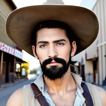 1man, old western cowboy, beard, dusty sand street, western style town, tumble weeds, year is 1850, insane detail, realistic
