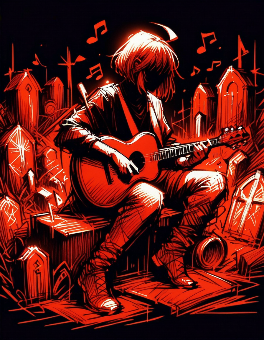 score_9, score_8_up, score_7_up,   <lora:Navi_WrathStrokes_PonyXL_S1:1.2> , 1girl,  long hair,  huge ahoge,  bob cut, ,  solo, playing instrument,  sitting , one outstretched leg, musical note, in a graveyard, supernatural lighting , moonlight,