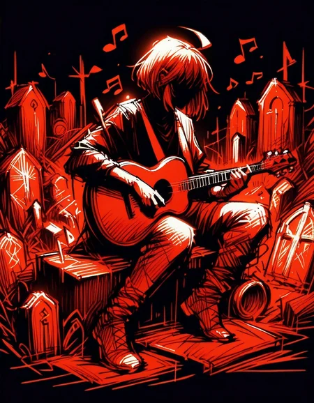 score_9, score_8_up, score_7_up, <lora:Navi_WrathStrokes_PonyXL_S1:1.2> , 1girl, long hair, huge ahoge, bob cut, , solo, playing instrument, sitting , one outstretched leg, musical note, in a graveyard, supernatural lighting , moonlight,