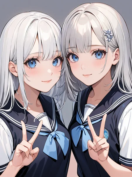masterpiece,ultra-detailed,best quality,8K,illustration,cute face,clean skin ,shiny hair,2girls,ultra-detailed-eyes,simple background, <lora:add-detail-xl:1> <lora:double v_XL_V1.0:0.8> double v,upper body,school uniform