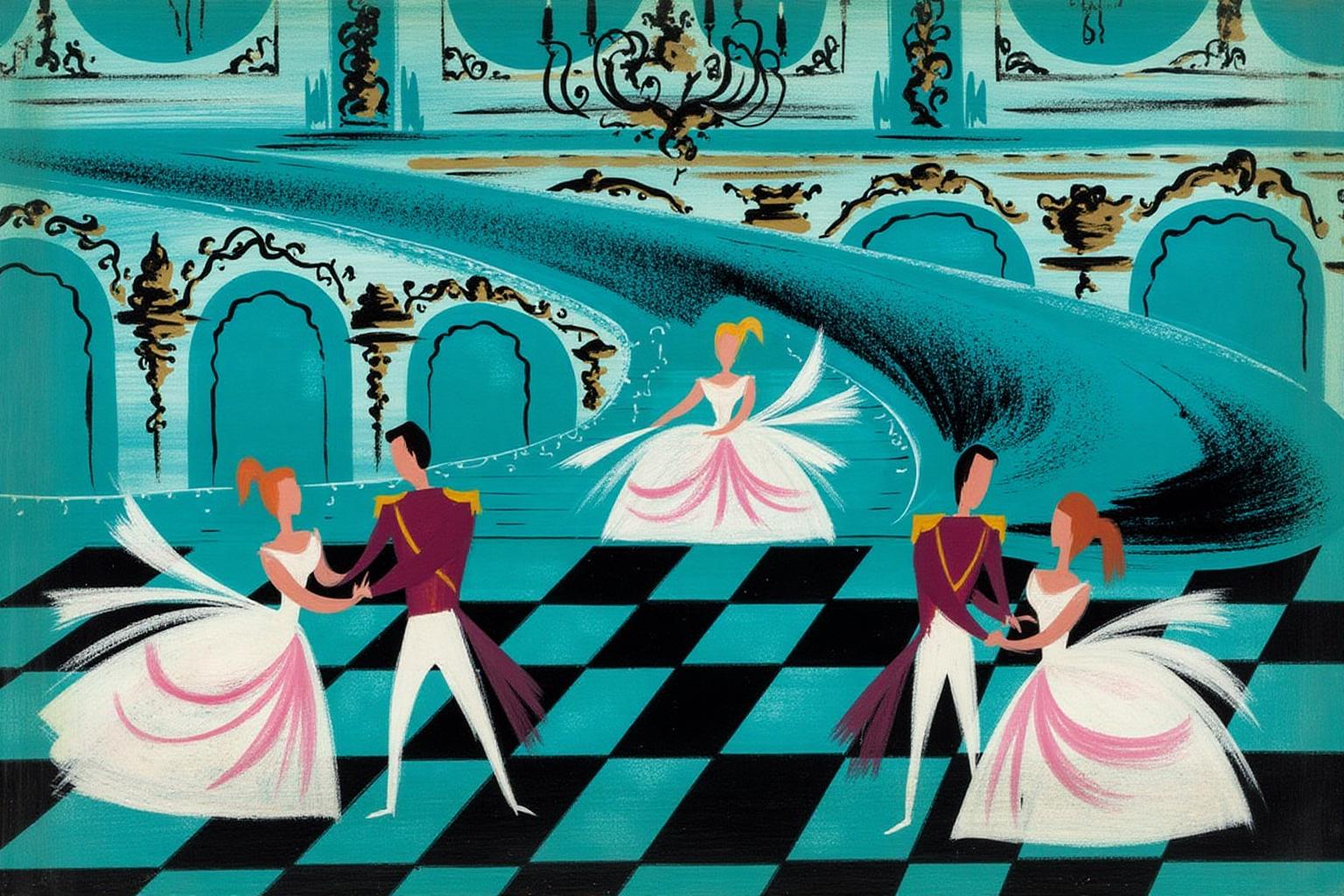 maryblair1 illustration.
A ballroom dance in a teal-colored room featuring ornate, gold-trimmed arches and a grand staircase. In the center, a woman in a white dress with pink accents is descending the staircase. Two couples are dancing in the foreground. <lora:maryblair2_cap_d8a4:1.0><lora:846206079122649420:0>