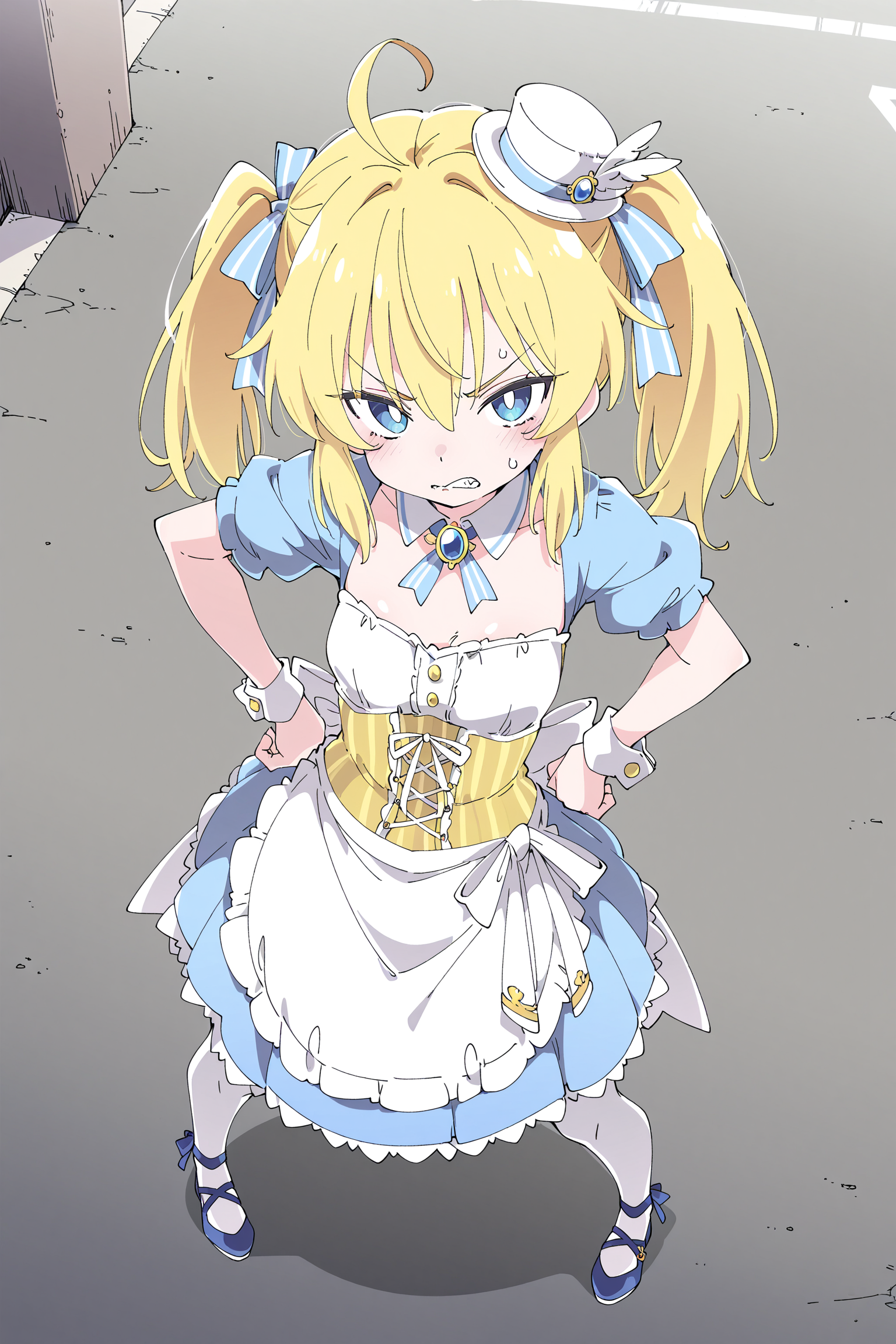 1girl,baimei,light blue dress,petite,yellow twintails,yellow corset,blue eyes,tsurime,brooch,mini top hat,white pantyhose,(waist apron:1.2),blue footwear,solo,angry,standing,posing,fullbody,in a street,from above,wide shot,<lora:Baimei-noob:0.7>,best quality,amazing quality,very aesthetic,absurdres,(artist:ningen_mame:0.9),(artist:sho_(sho_lwlw):0.9),anime screencap,ixy,